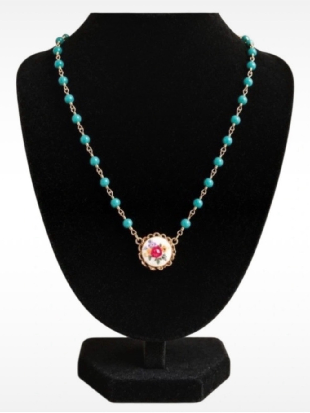 Vintage Style Turquoise Color Beaded Floral Charm Necklace adj clasp Boho Vibes!